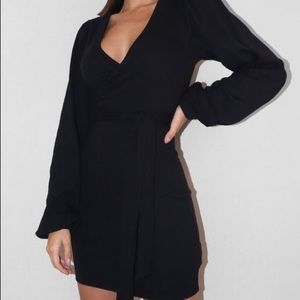 black rib puff sleeve wrap mini dress